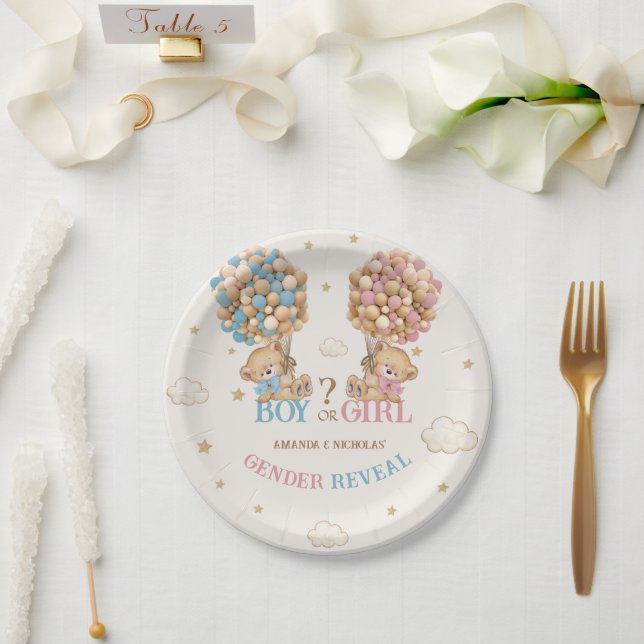 Bear Balloons Pink Blue Boho Gender Reveal Paper Plate (Wedding)