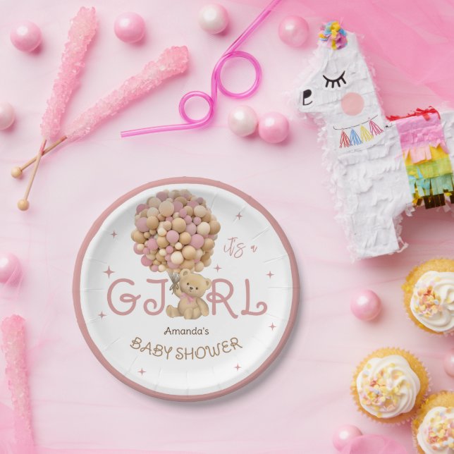 Bear Balloons Pink Boho Baby Girl Shower Paper Plate (Party)