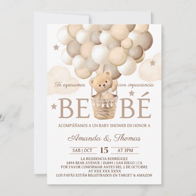 Bear Balloons Spanish Baby Shower Invitation (Front)
