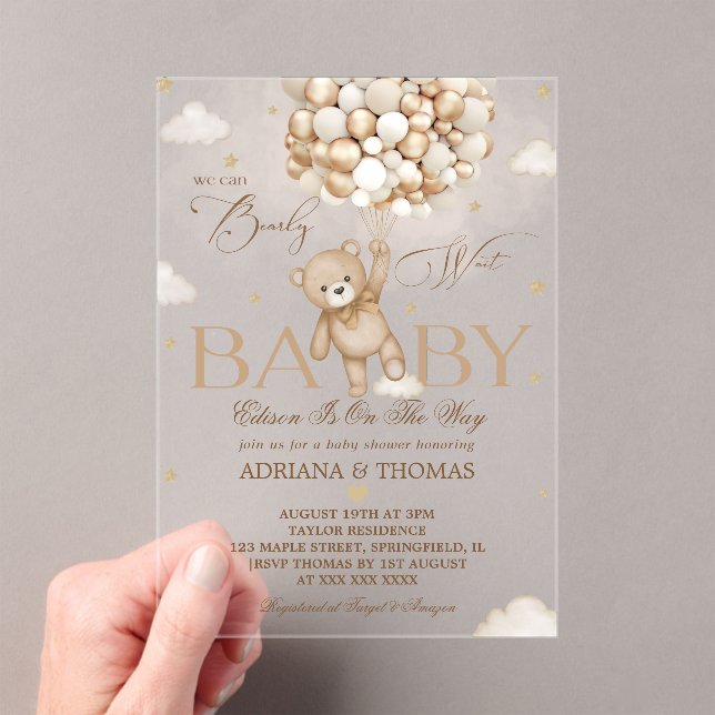 Bear Bearly Wait Neutral Gold Baby Shower Acrylic Invitations (Insitu (Handheld))