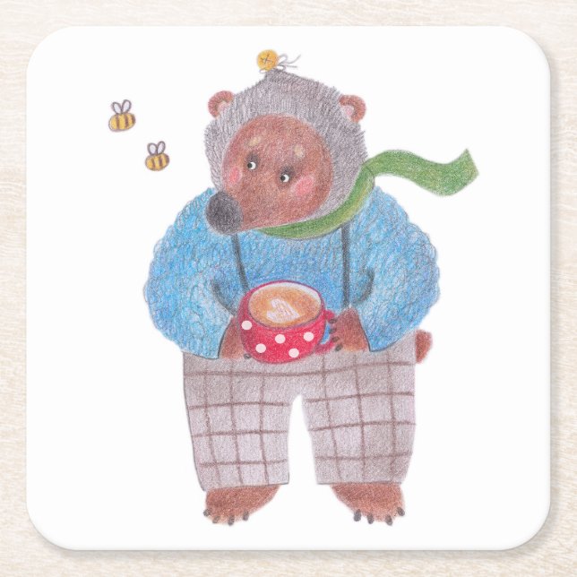 Bear, bees and cappuccino square paper coaster (Front)