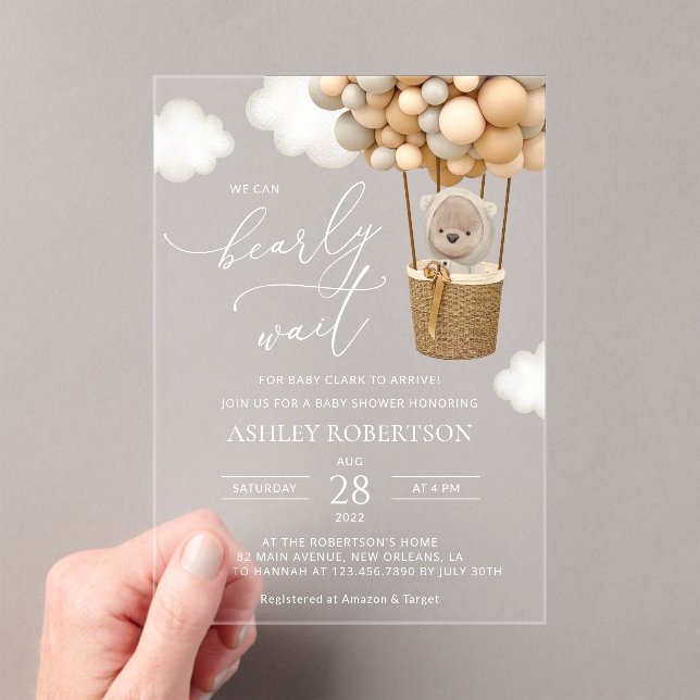 Bear, Beige Balloons, Hot Air Balloon, Baby Shower Acrylic Invitations (Insitu (Handheld))