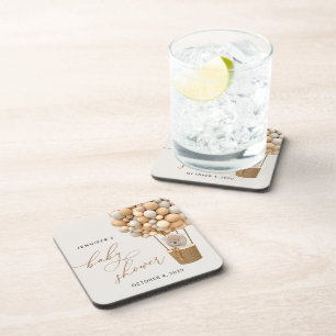 Bear, Beige Balloons, Hot Air Balloon, Baby Shower Coaster