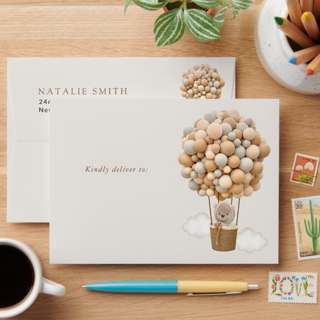 Bear, Beige Balloons, Hot Air Balloon, Baby Shower Envelope (Desk)
