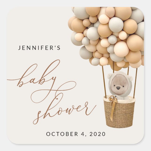 Bear, Beige Balloons, Hot Air Balloon, Baby Shower Square Sticker (Front)