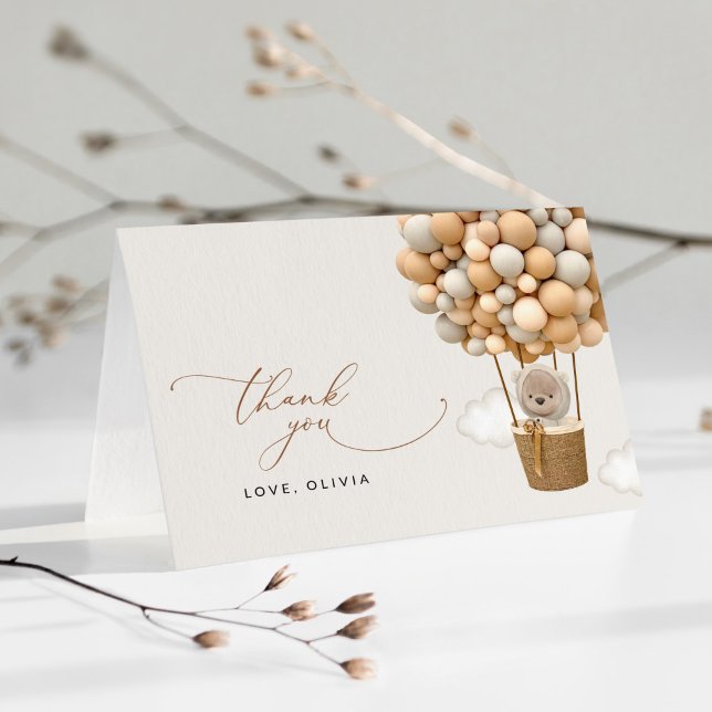 Bear, Beige Balloons, Hot Air Balloon, Baby Shower Thank You Card (Creator Uploaded)