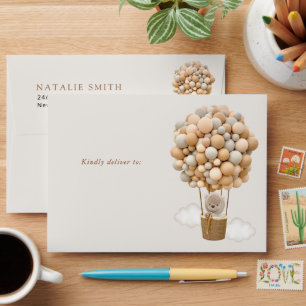 Bear, Beige Balloons, Hot Air Balloon, Birthday Envelope