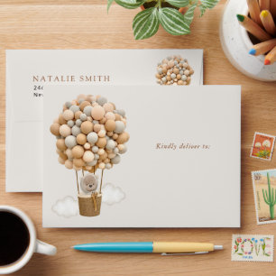 Bear, Beige Balloons, Hot Air Balloon, Birthday Envelope