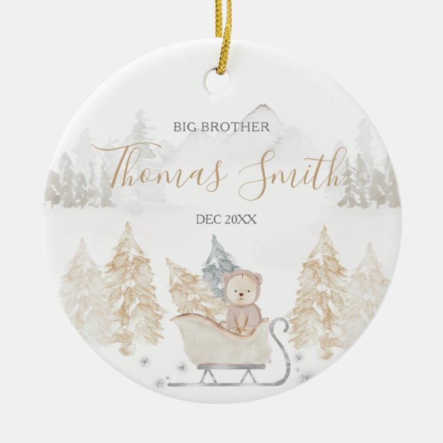 Bear Big Brother Winter Woodland Mountain Ceramic  Tree Decoration (Front)