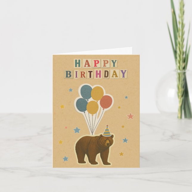 Bear Birthday Card – Forest Animal with Balloons (Front)