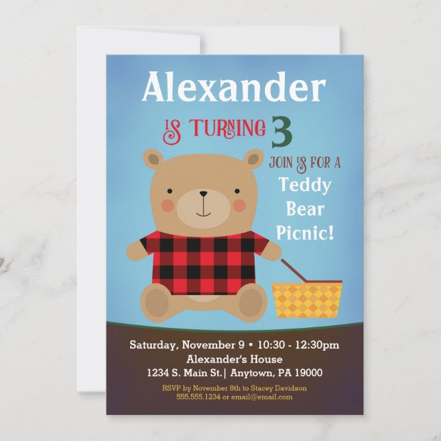 Bear Birthday Invitation Teddy Bear Picnic Boy (Front)