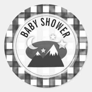 Bear Black And White Gingham Mountains Baby Shower Classic Round Sticker