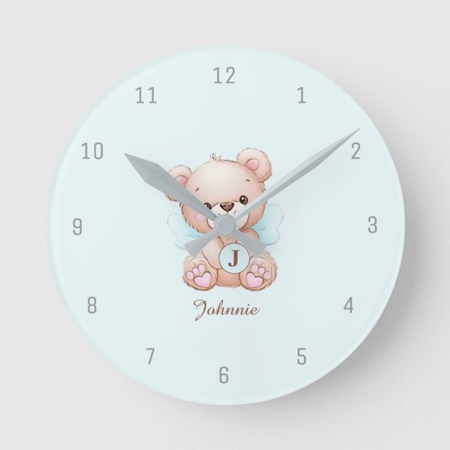 Bear Blue Baby Monogram Add Name Wall Clock (Front)