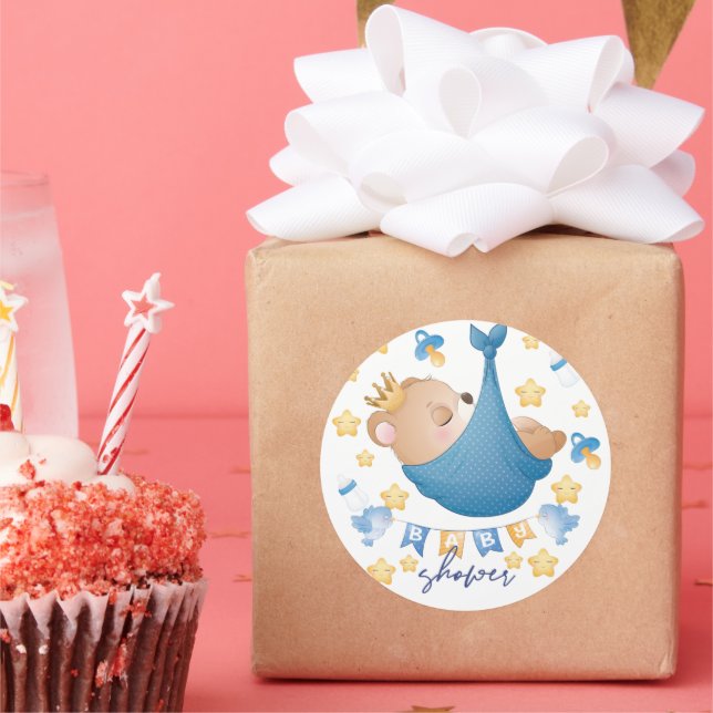 Bear Blue Baby Shower Baby Boy Classic Round Sticker (Party)