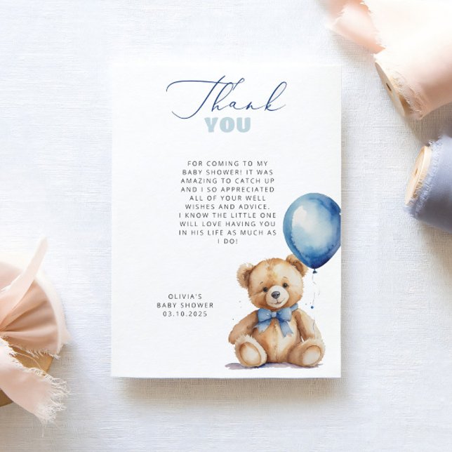 Bear Blue Balloon Baby Shower Thank You Card (Creator Uploaded)