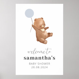 Bear Blue Balloon Baby Shower Welcome Sign