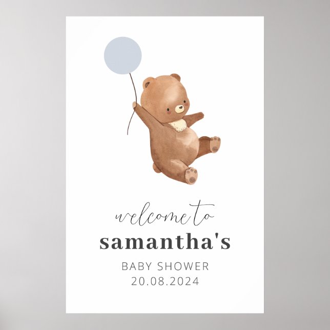 Bear Blue Balloon Baby Shower Welcome Sign (Front)