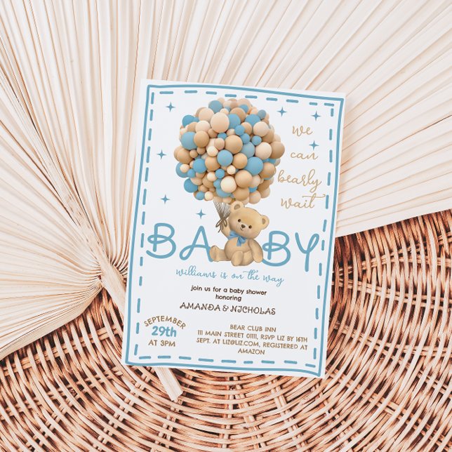 Bear Blue Balloon Bearly Wait Boho baby boy shower Invitation (Creator Uploaded)