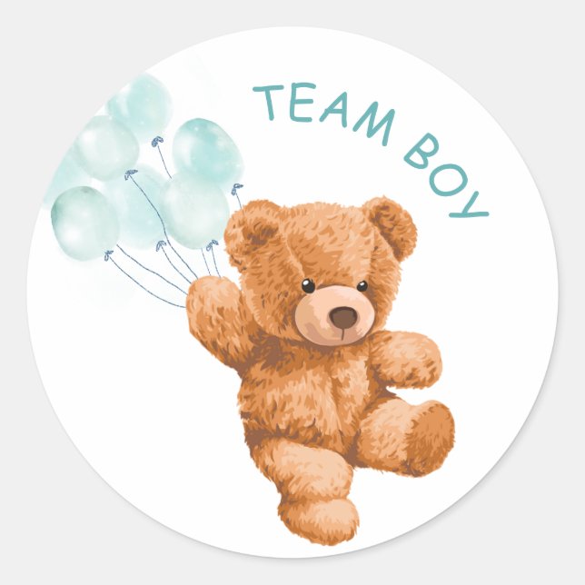Bear Blue Balloon TEAM BOY Gender Reveal Game Classic Round Sticker (Front)