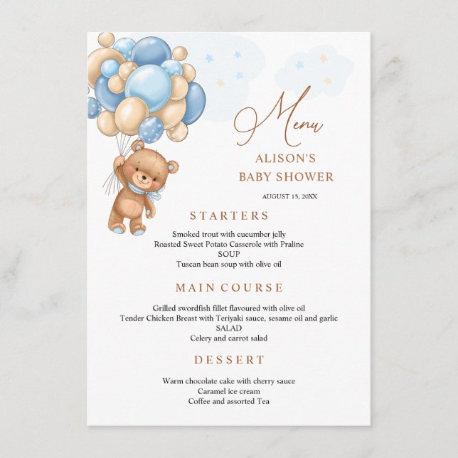 Bear Blue Balloons Baby Shower Menu (Front)