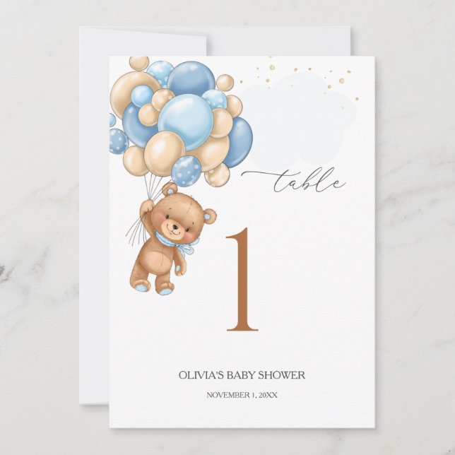 Bear Blue Balloons Baby Shower Table Number 5" x 7 (Front)