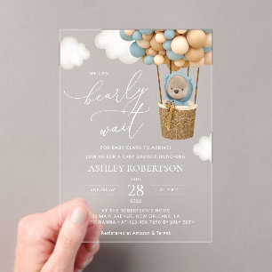 Bear, Blue Balloons, Hot Air Balloon, Baby Shower Acrylic Invitations