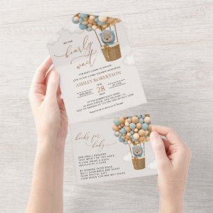 Bear, Blue Balloons, Hot Air Balloon, Baby Shower All In One Invitation