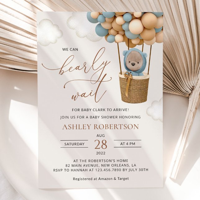 Bear, Blue Balloons, Hot Air Balloon, Baby Shower Invitation (Creator Uploaded)