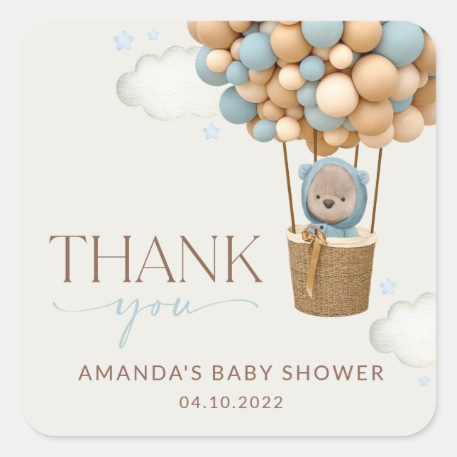 Bear, Blue Balloons, Hot Air Balloon, Baby Shower Square Sticker (Front)