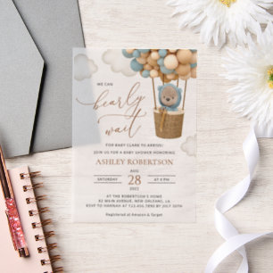 Bear, Blue Balloons, Hot Air Balloon, Baby Shower Vellum Invitations