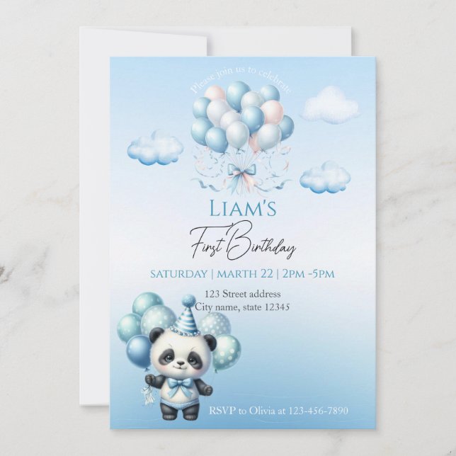 Bear Blue Balloons Kids Birthday Invitation (Front)