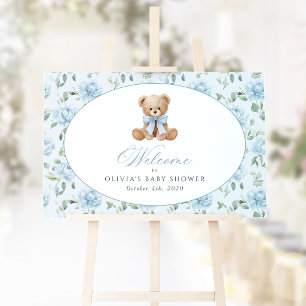 Bear, Blue Bow, Blue Flowers, Baby Shower Welcome Poster