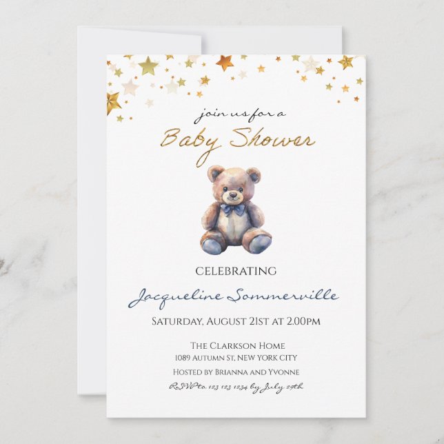 Bear Blue Bow Tie Baby Shower It's a Boy Invitation (Front)