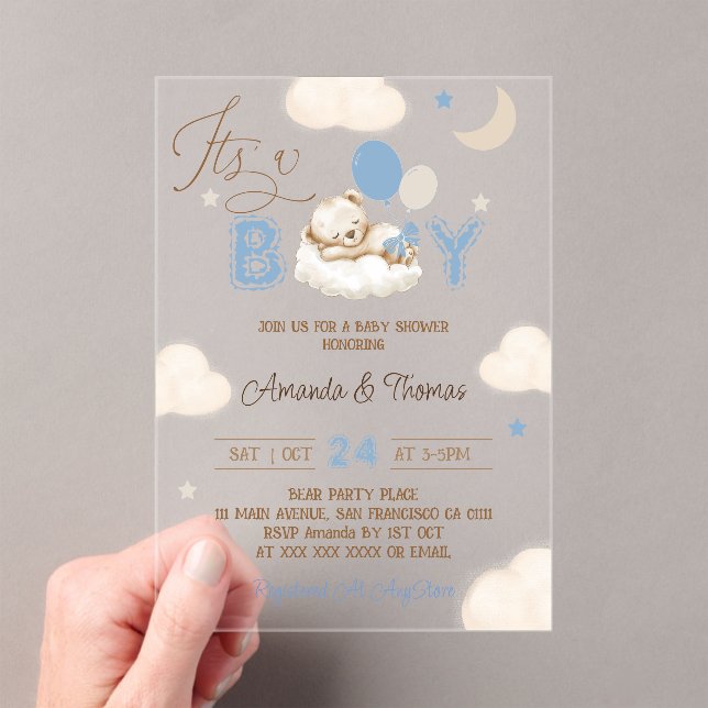 Bear Blue Boy Baby Shower Acrylic Invitations (Insitu (Handheld))