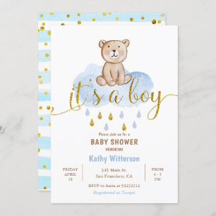 Bear Blue Cloud Baby Shower Invitation