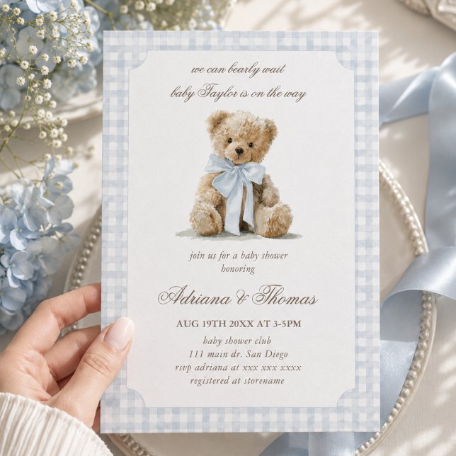 Bear Blue Gingham Boy Baby Shower Invitation (Creator Uploaded)