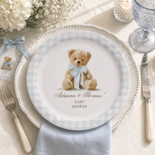 Bear Blue Gingham Boy Baby Shower Paper Plate
