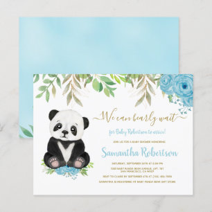Bear Blue Greenery Floral Gold Boy Baby Shower Invitation Postcard