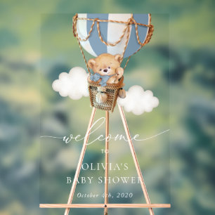 Bear, Blue Hot Air Balloon, Baby Shower Welcome Acrylic Sign
