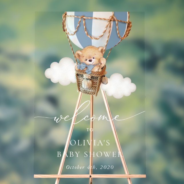 Bear, Blue Hot Air Balloon, Baby Shower Welcome Acrylic Sign (Neutral)