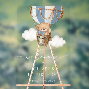 Bear, Blue Hot Air Balloon, First Birthday Welcome Acrylic Sign