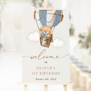 Bear, Blue Hot Air Balloon, First Birthday Welcome Poster
