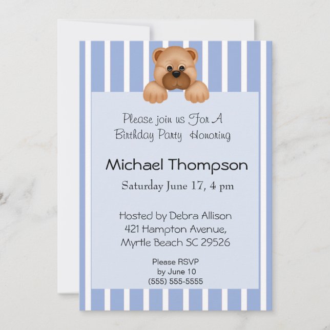 Bear Blue Stripe Birthday Invitations (Front)