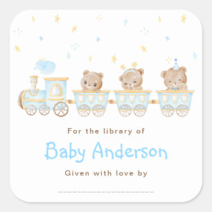 Bear Blue Train Baby Shower Bookplate Square Sticker