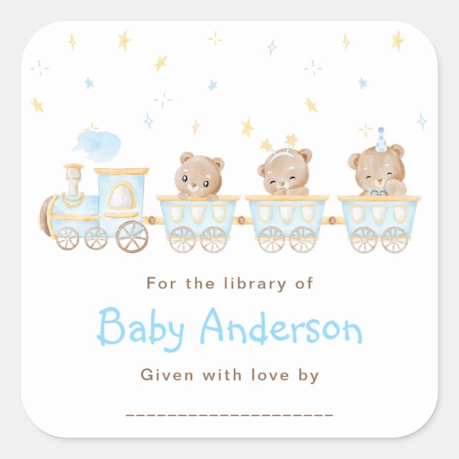 Bear Blue Train Baby Shower Bookplate Square Sticker (Front)