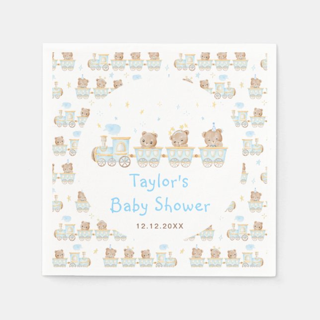 Bear Blue Train Baby Shower Napkin (Front)
