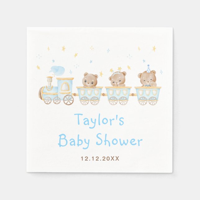 Bear Blue Train Baby Shower Napkin (Front)