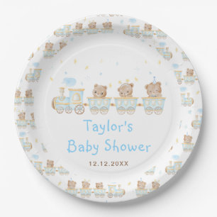 Bear Blue Train Baby Shower Paper Plate