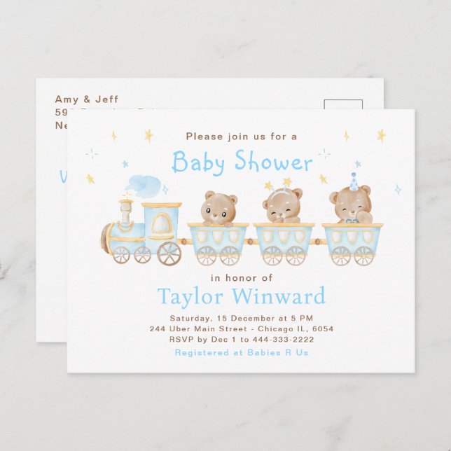 Bear Blue Train Baby Shower Postcard (Front/Back)