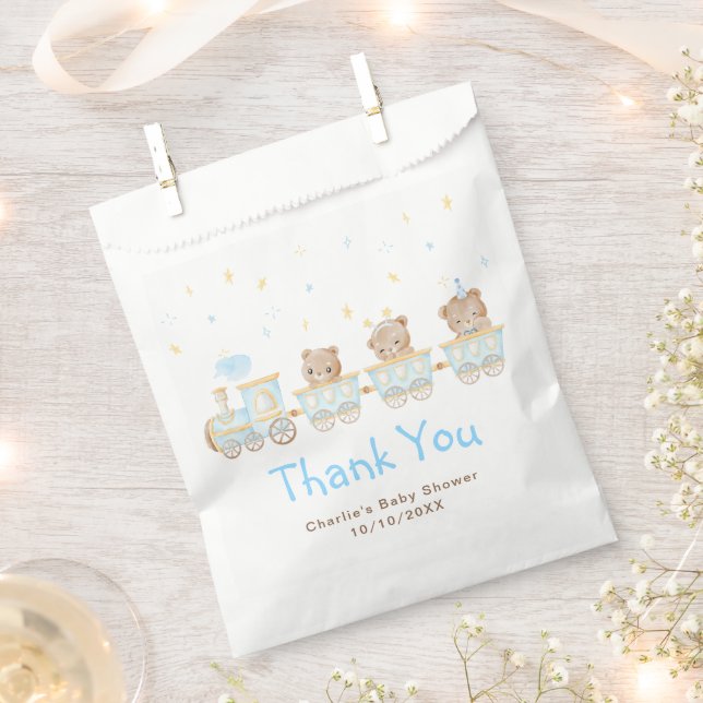 Bear Blue Train Baby Shower Thank You Favour Bags (Clipped)